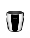Polished silver champagne cooler by Alessi, with a dark interior and 'Champagne' engraved on the front.