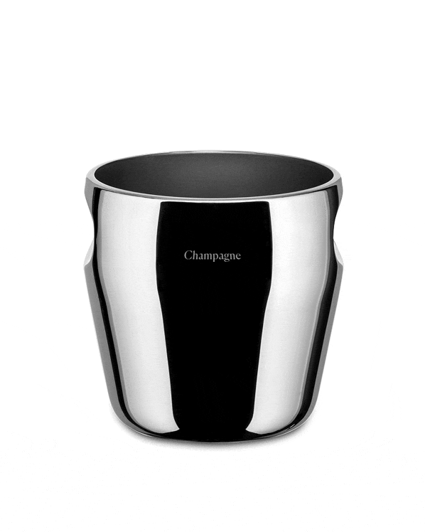 Polished silver champagne cooler by Alessi, with a dark interior and 'Champagne' engraved on the front.