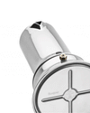 Silver stainless steel stovetop espresso maker by Alessi, with a brass safety valve and 'Bonjour' text, seen from a high angle.