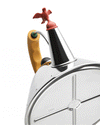 Silver stainless steel kettle by Alessi, featuring a red bird whistle, yellow handle, and "Laura" engraved on the side.