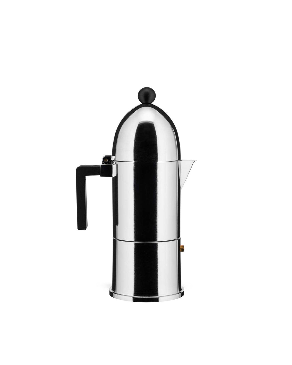 Silver metallic espresso coffee maker by Alessi with a sleek chrome finish, black handle, and top knob, front view.
