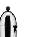 Silver chrome espresso coffee maker by Alessi with a black spherical knob and narrow V-shaped spout, cropped view.
