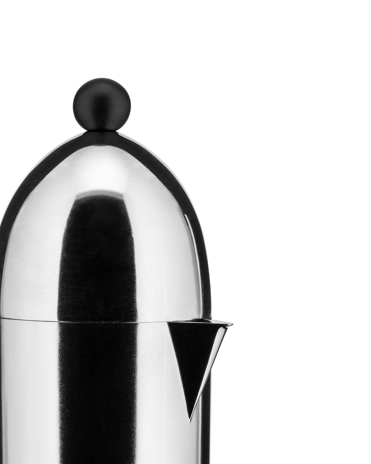 Silver chrome espresso coffee maker by Alessi with a black spherical knob and narrow V-shaped spout, cropped view.