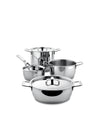 Stainless steel pots and pans set by Alessi with lids and minimalist loop handles, grouped together.