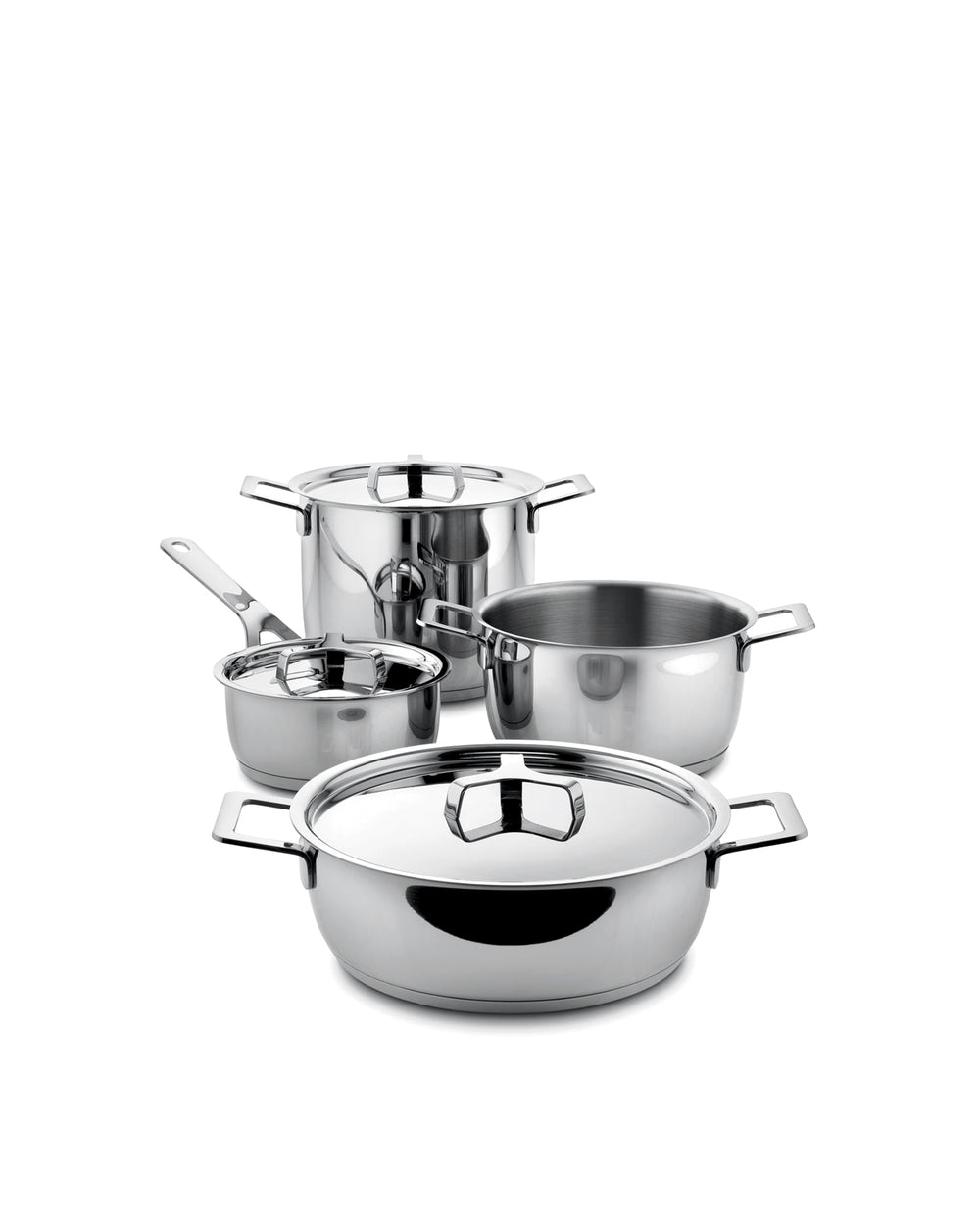 Stainless steel pots and pans set by Alessi with lids and minimalist loop handles, grouped together.