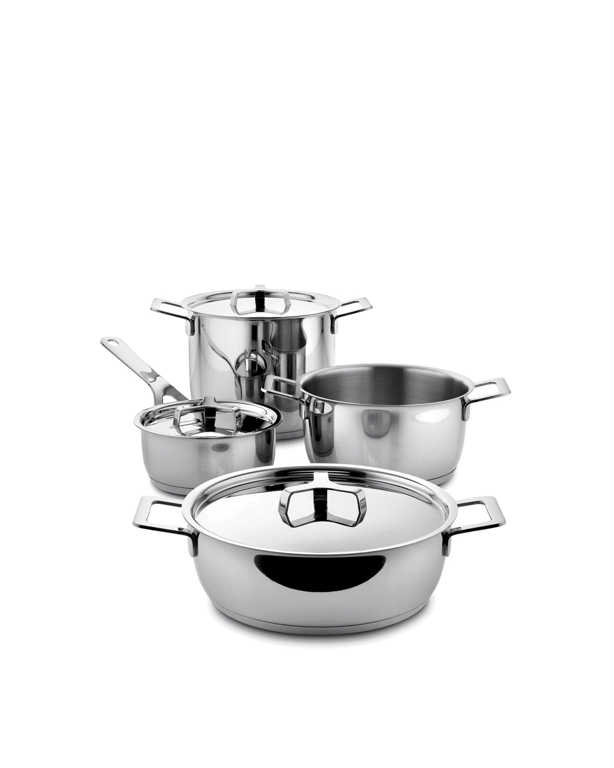 Stainless steel pots and pans set by Alessi with lids and minimalist loop handles, grouped together.