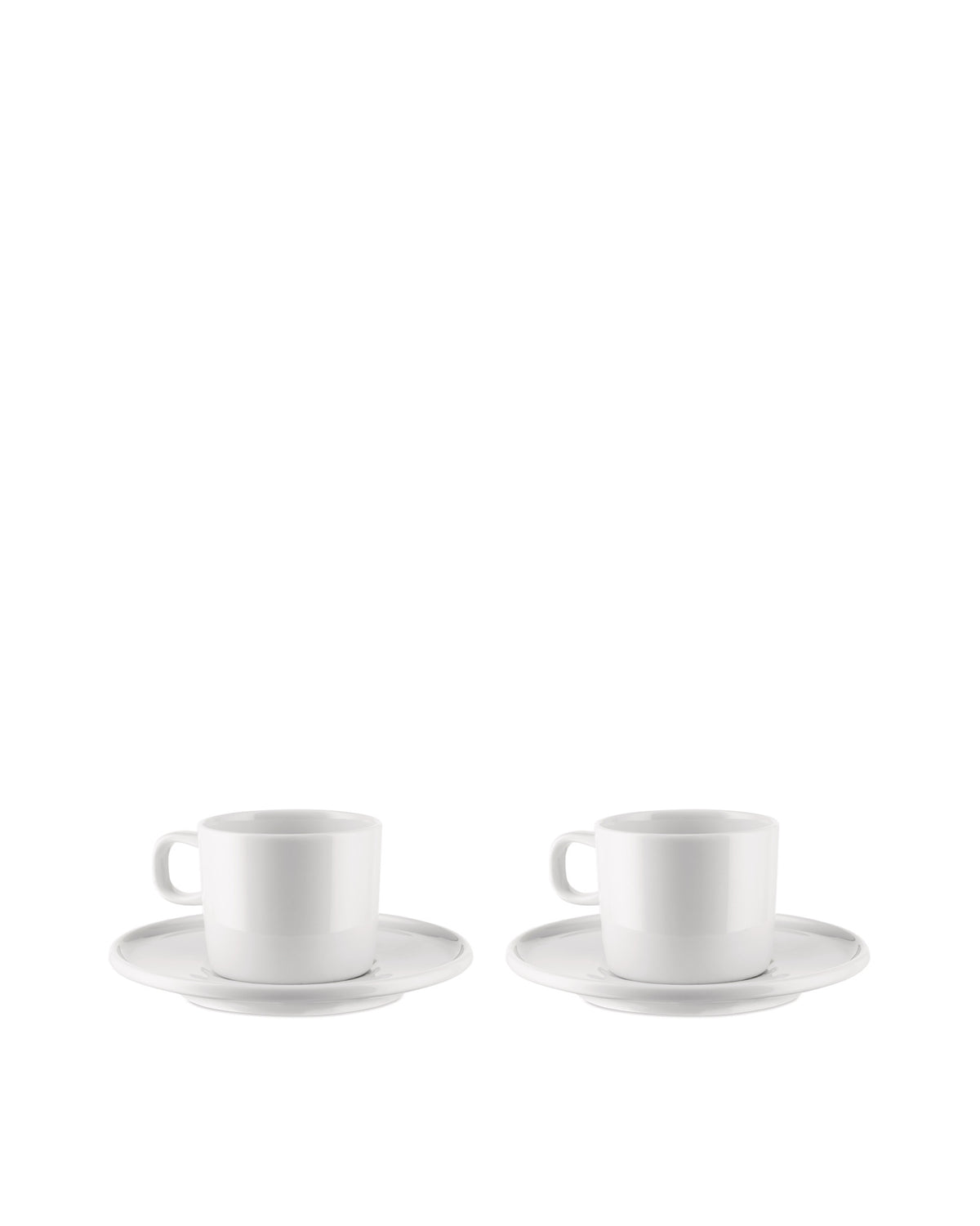 Two white ceramic cups by Alessi, each with a handle and matching round saucer.