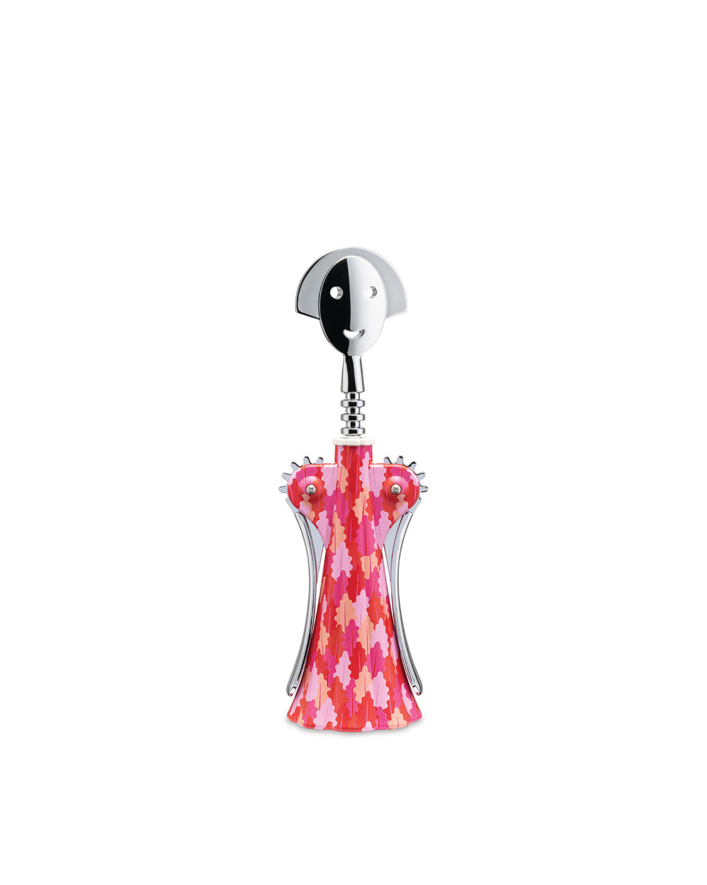 Anthropomorphic corkscrew by Alessi with a chrome smiling face and a pink, red, and orange patterned body.