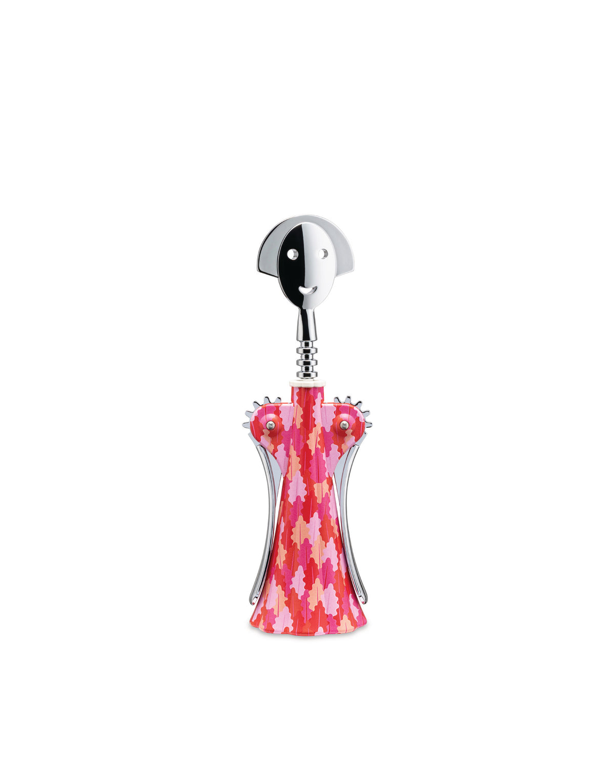 Anthropomorphic corkscrew by Alessi with a chrome smiling face and a pink, red, and orange patterned body.