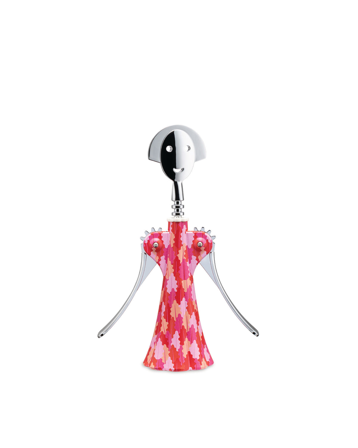 Pink and red patterned figurative corkscrew by Alessi with a chrome smiling face and lever arms.