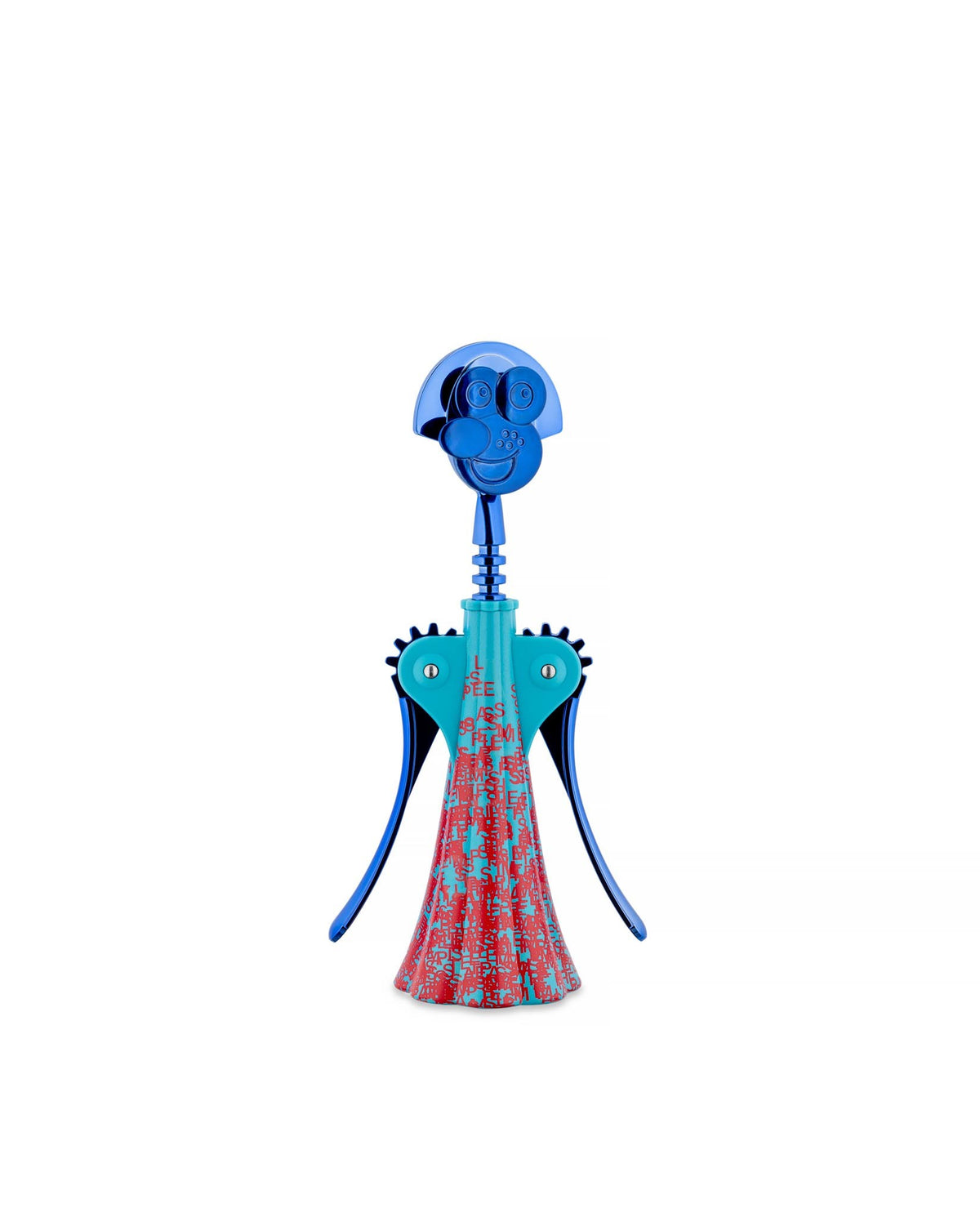 Blue and teal Anna G. corkscrew by Alessi featuring a smiling face and a red patterned base.