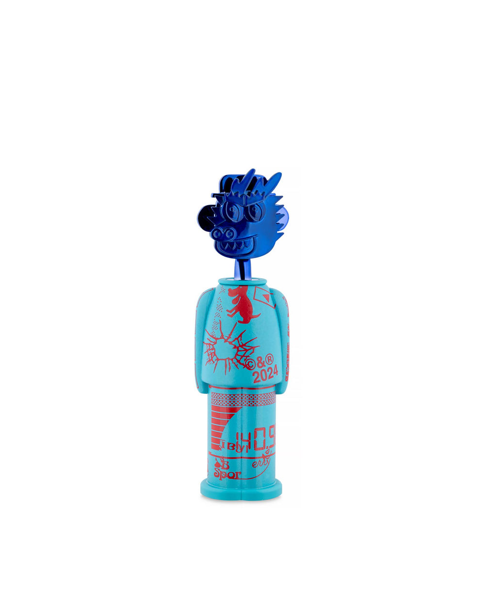 Blue and light blue character corkscrew by Alessi, with a dragon head and red graphic patterns on the body.