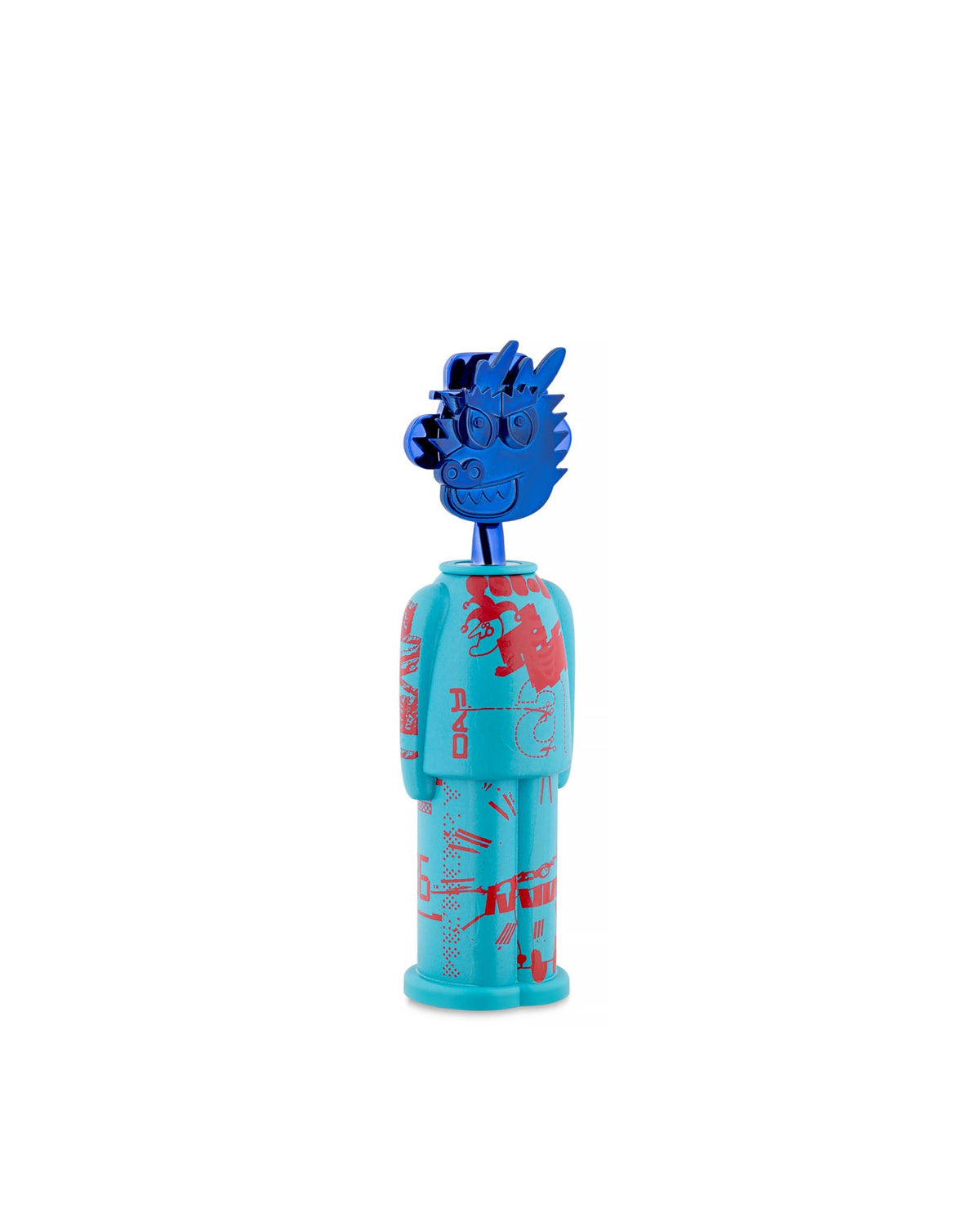 Teal and blue corkscrew by Alessi with a metallic dragon head and red graphic patterns.