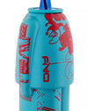 A light blue corkscrew by Alessi with red graphic patterns and a blue cap, cropped side view.