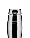 Shiny silver metal cocktail shaker by Alessi, with a three-tiered design and 'Sebastian' engraved.