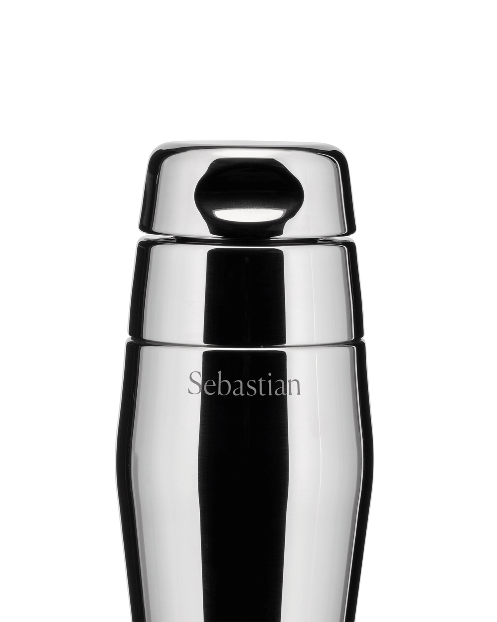 Shiny silver metal cocktail shaker by Alessi, with a three-tiered design and 'Sebastian' engraved.