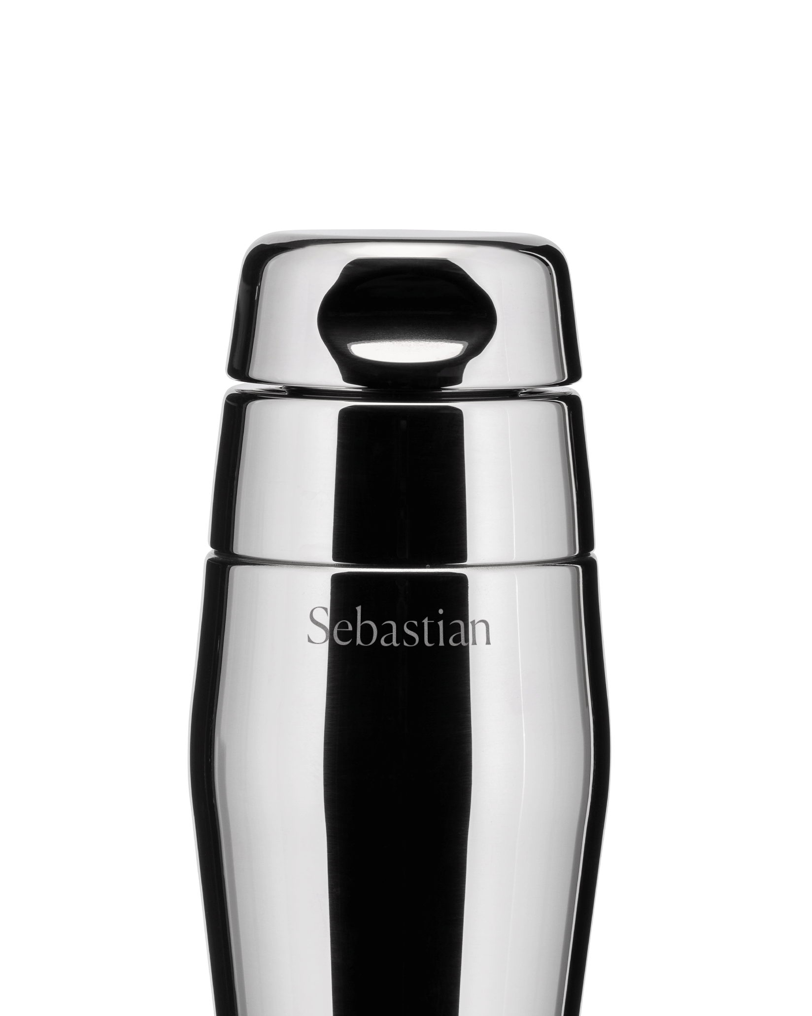 Shiny silver metal cocktail shaker by Alessi, with a three-tiered design and 'Sebastian' engraved.