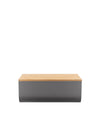 Grey bread bin with a natural wood slatted lid by Alessi, subtly branded on the lid.