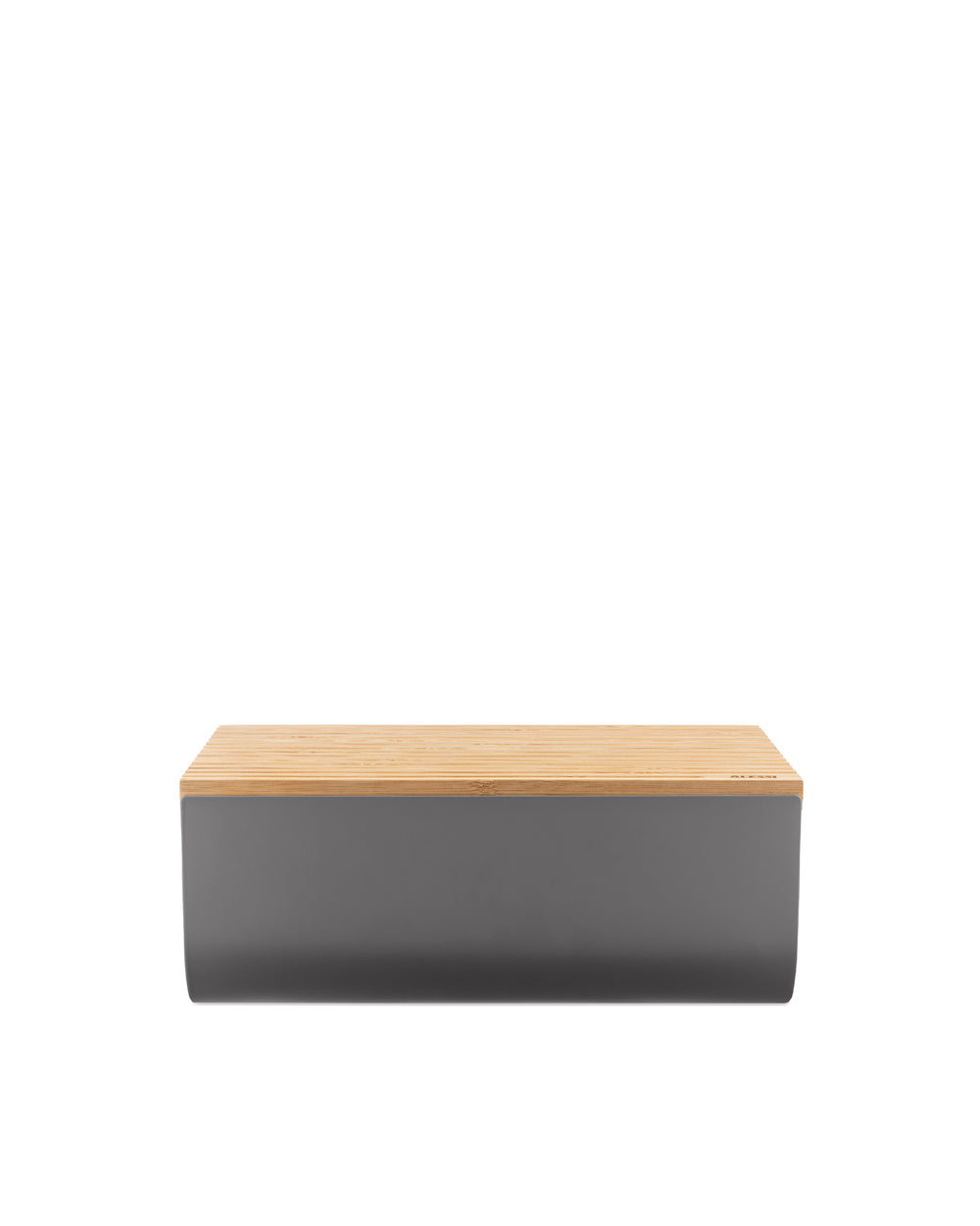 Grey bread bin with a natural wood slatted lid by Alessi, subtly branded on the lid.