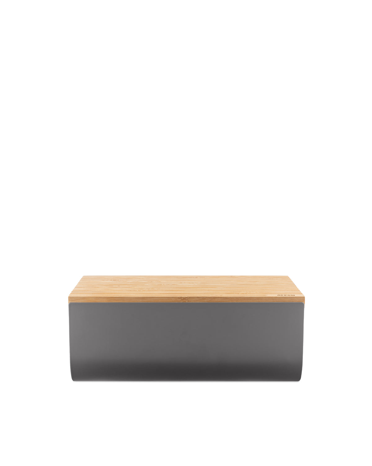 Grey bread bin with a natural wood slatted lid by Alessi, subtly branded on the lid.