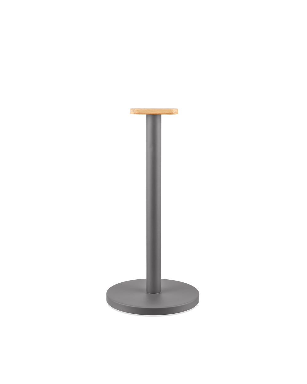 Grey metal paper towel holder by Alessi, with a light wood rectangular top and circular base.