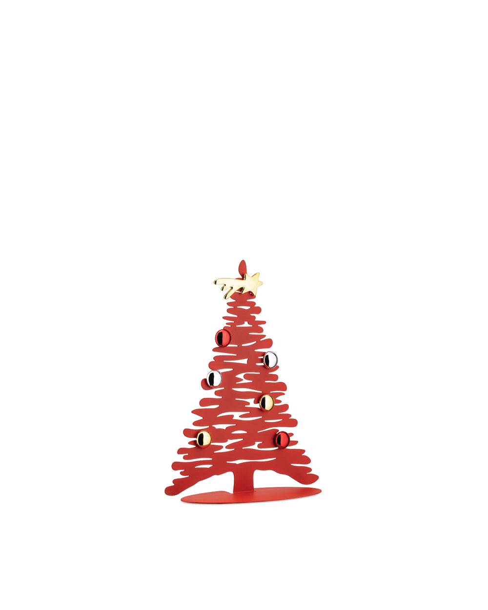 Red metal abstract Christmas tree ornament by Alessi, decorated with small gold, silver, and red baubles and a golden shooting star.