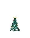 Dark green stylized Christmas tree ornament by Alessi with gold star and colorful red, silver, and gold baubles.