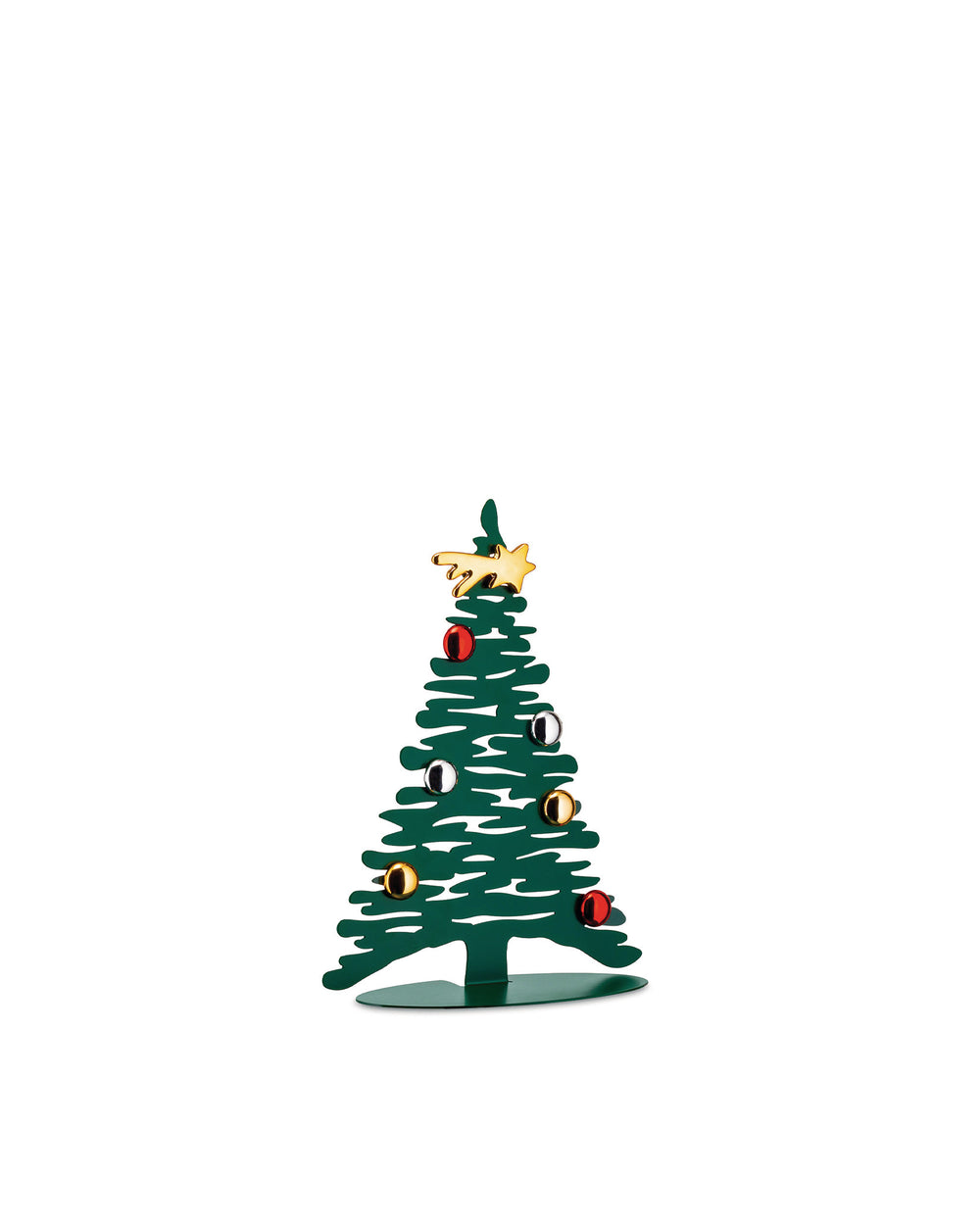 Dark green stylized Christmas tree ornament by Alessi with gold star and colorful red, silver, and gold baubles.