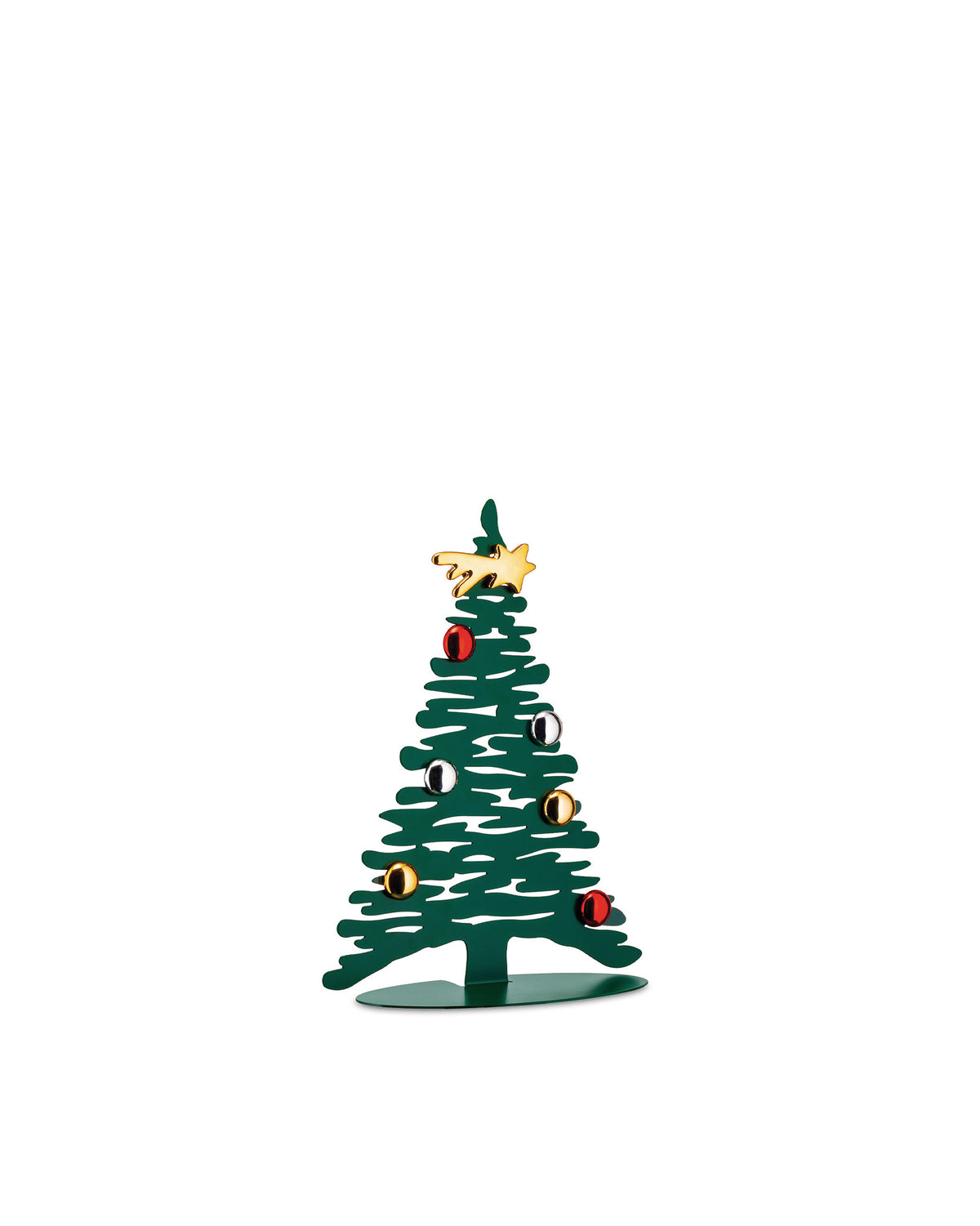 Dark green stylized Christmas tree ornament by Alessi with gold star and colorful red, silver, and gold baubles.
