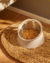 Elevated angled dog bowl by Alessi, with a stainless steel inner and white stand, filled with brown kibble, on a braided straw mat.