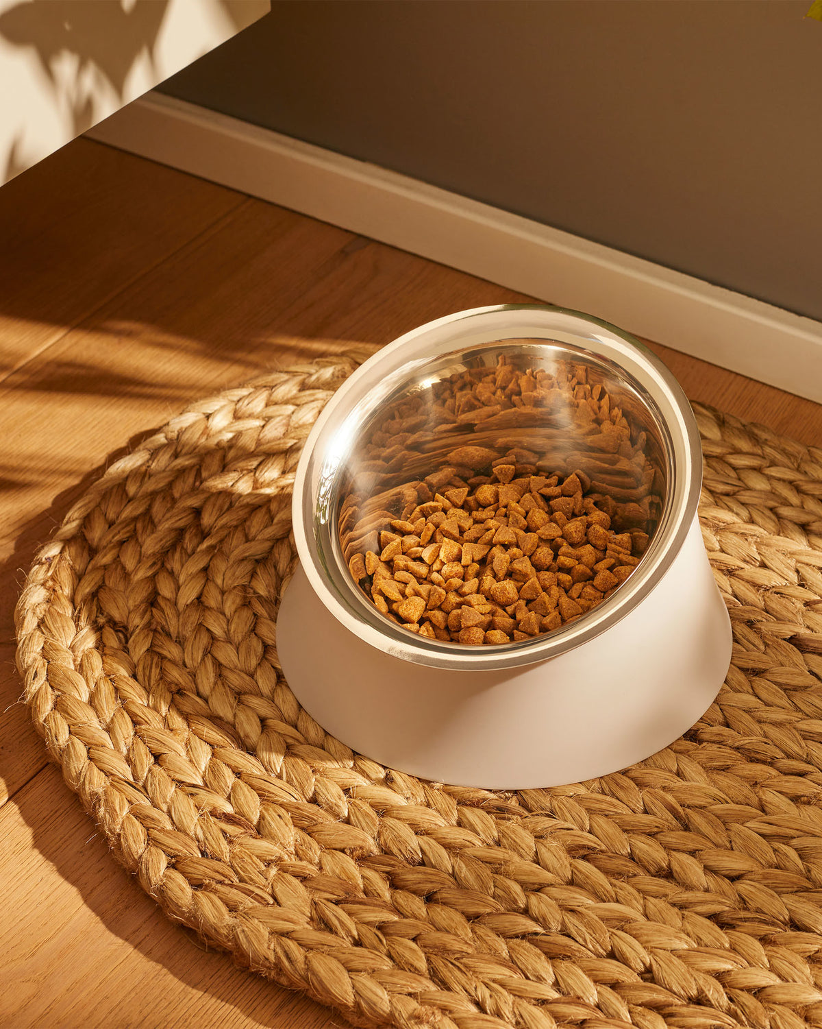 Elevated angled dog bowl by Alessi, with a stainless steel inner and white stand, filled with brown kibble, on a braided straw mat.