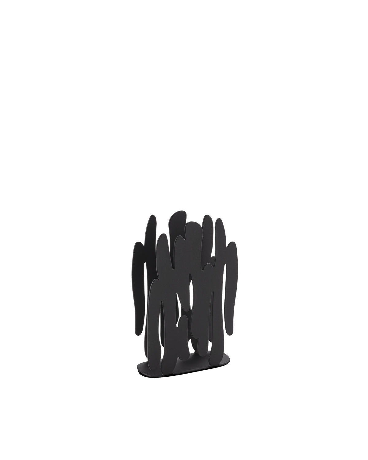 Black metal napkin holder by Alessi with an abstract wavy design on a white background.