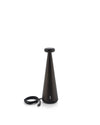 Dark brown conical lamp by Alessi, featuring vertical 'ALESSI' branding, a rounded top, and a coiled USB-C cable.