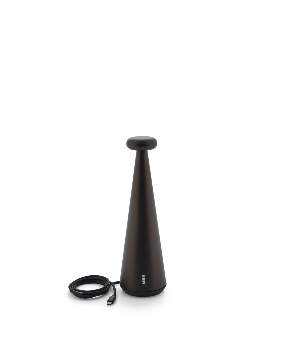 Dark brown conical lamp by Alessi, featuring vertical 'ALESSI' branding, a rounded top, and a coiled USB-C cable.