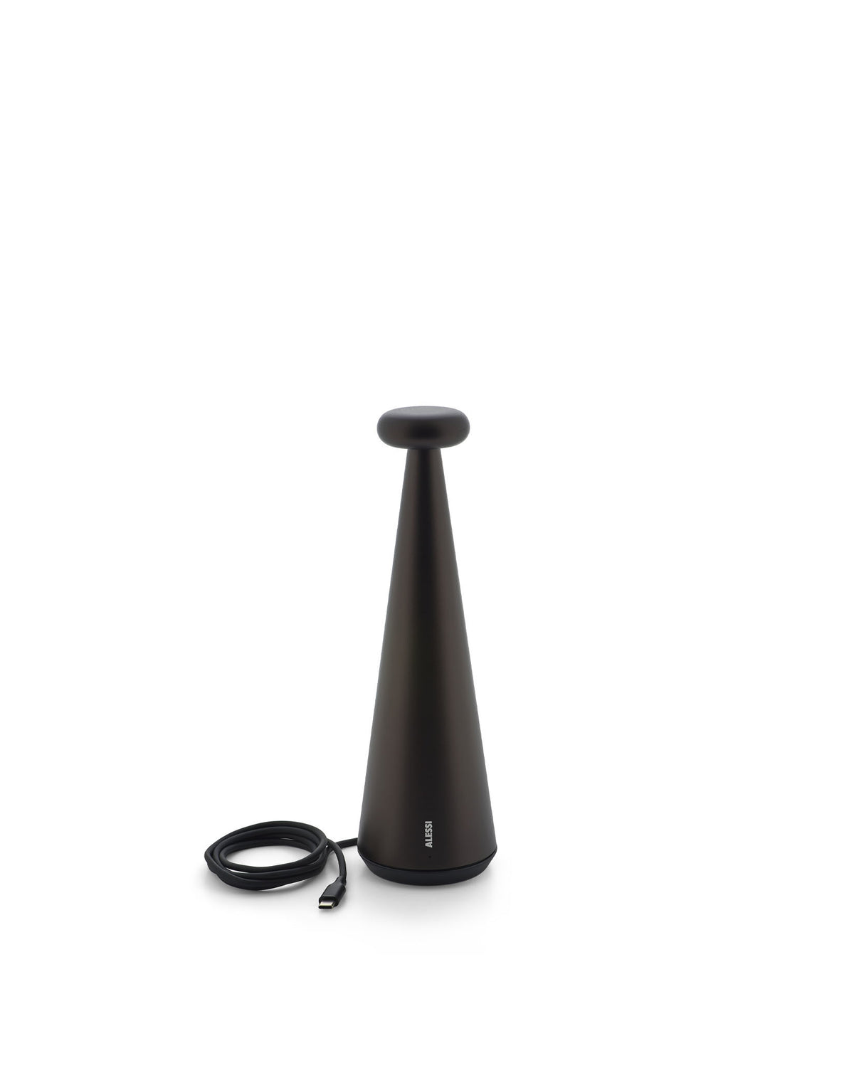 Dark brown conical lamp by Alessi, featuring vertical 'ALESSI' branding, a rounded top, and a coiled USB-C cable.