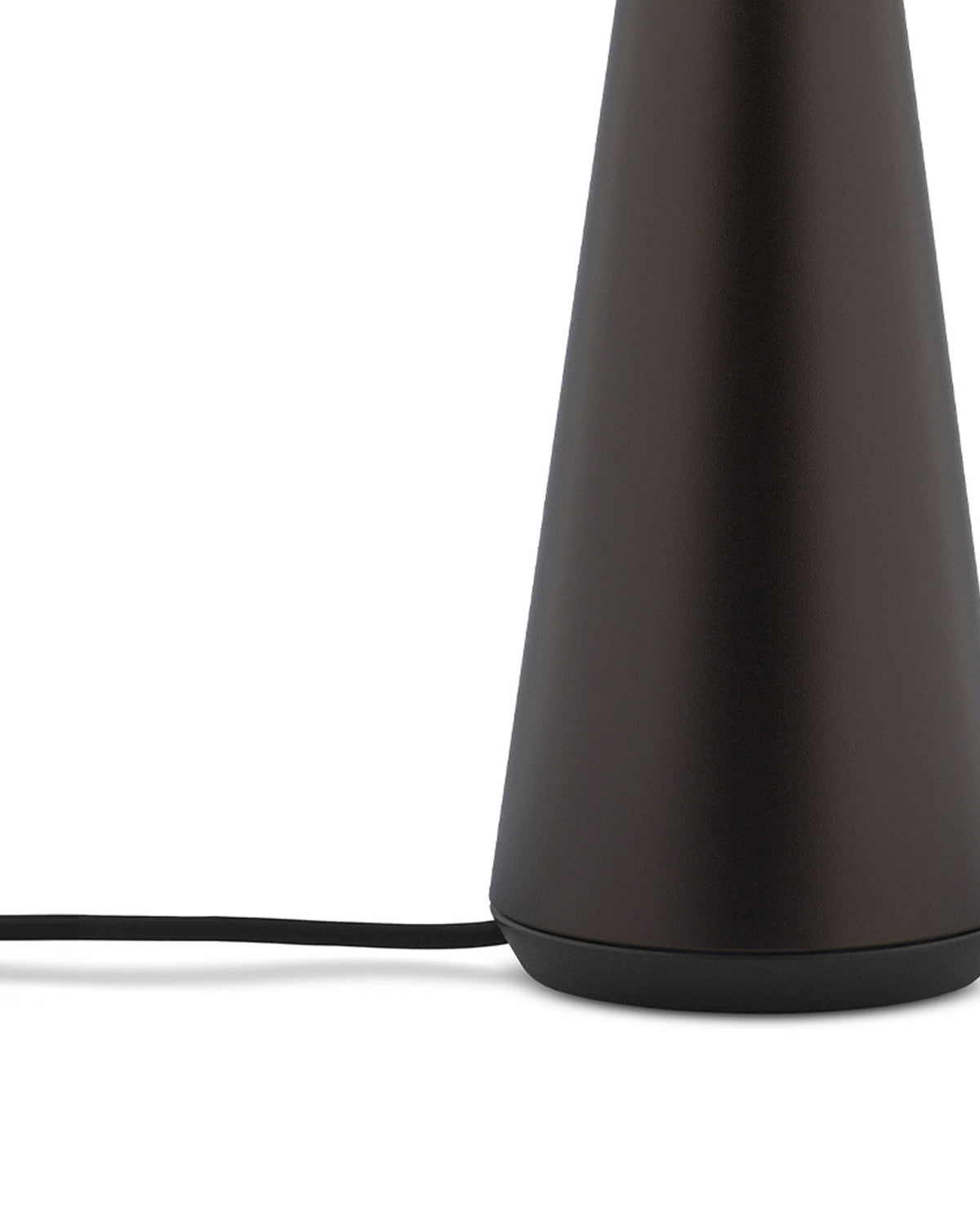 Matte dark brown conical Bedin lamp by Alessi with a black base and thin power cord.