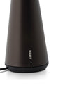 Dark brown conical lamp by Alessi with a textured matte finish, black base, a visible power cord, and a small white indicator light.