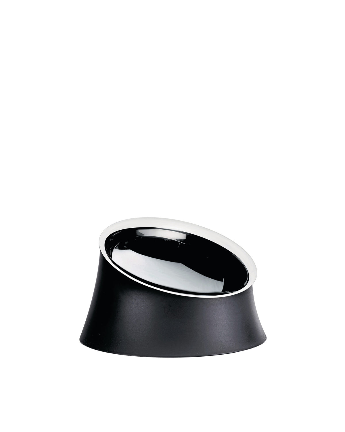 Black and silver dog bowl by Alessi with a sleek, angled stainless steel insert on a matte black base.