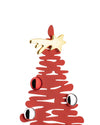 A red stylized Christmas tree ornament by Alessi, topped with a golden star and decorated with red and silver baubles.
