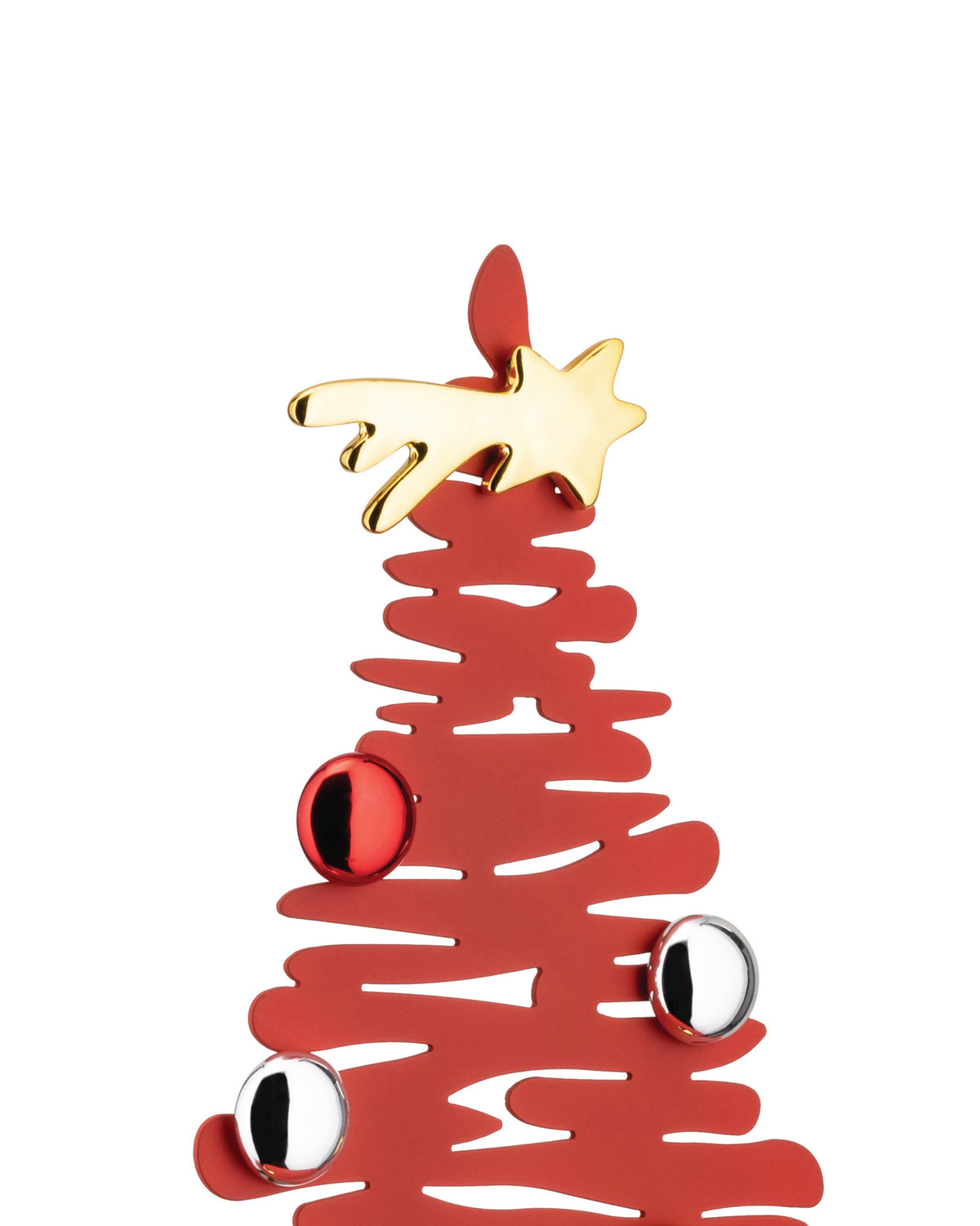 A red stylized Christmas tree ornament by Alessi, topped with a golden star and decorated with red and silver baubles.