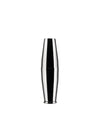 A two-piece silver stainless steel cocktail shaker by Alessi, with a reflective surface showing black vertical reflections.