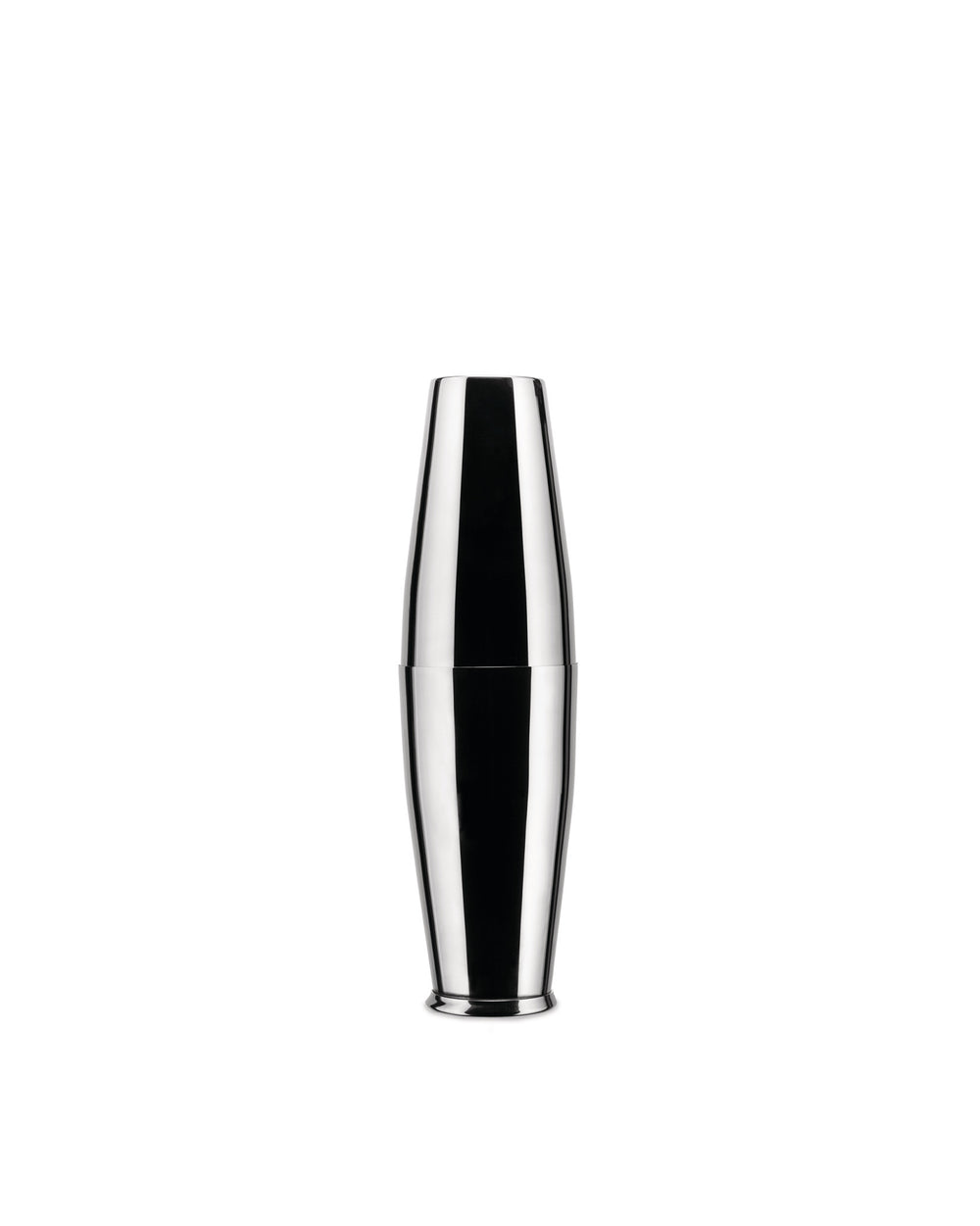 A two-piece silver stainless steel cocktail shaker by Alessi, with a reflective surface showing black vertical reflections.