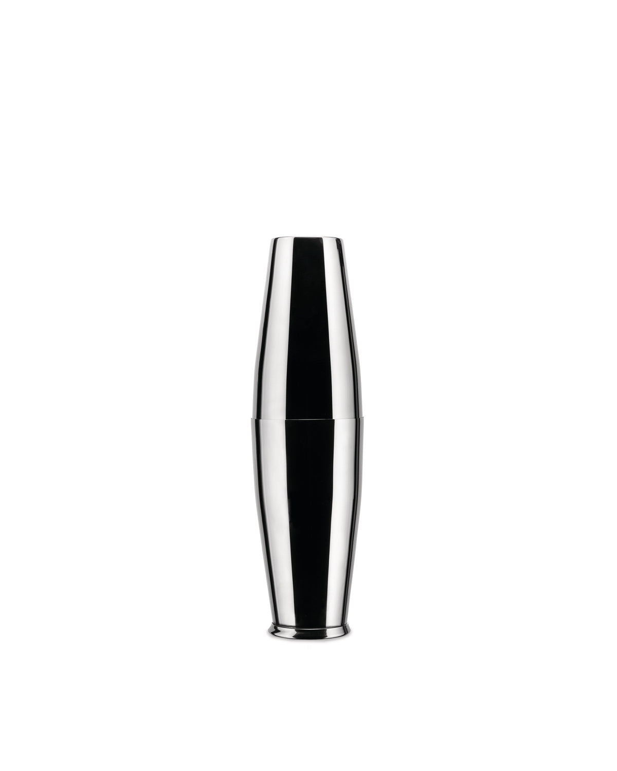 A two-piece silver stainless steel cocktail shaker by Alessi, with a reflective surface showing black vertical reflections.