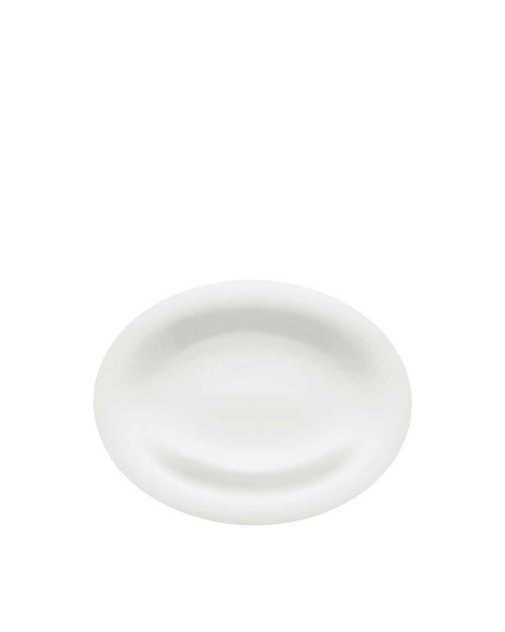 White oval serving plate by Alessi with a raised rim and smooth, minimalist design.