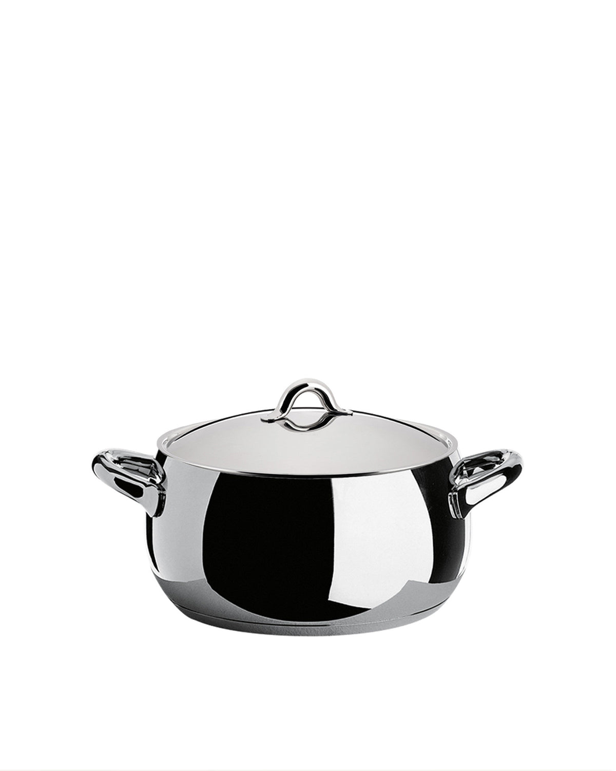 Polished stainless steel saucepan by Alessi with a domed lid and two small loop handles.