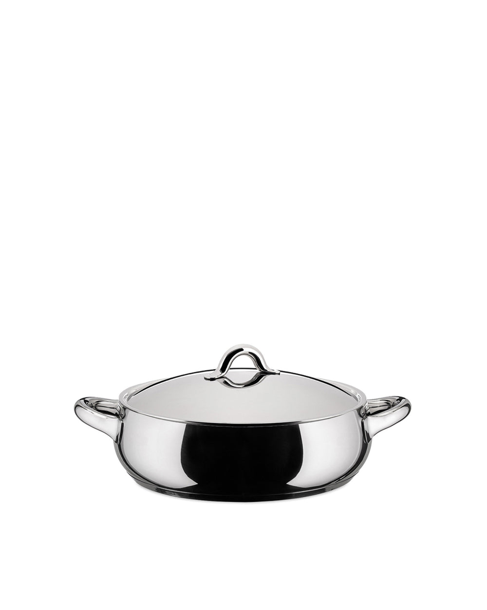 Stainless steel saucepan by Alessi with a matching lid and two side handles on a white background.
