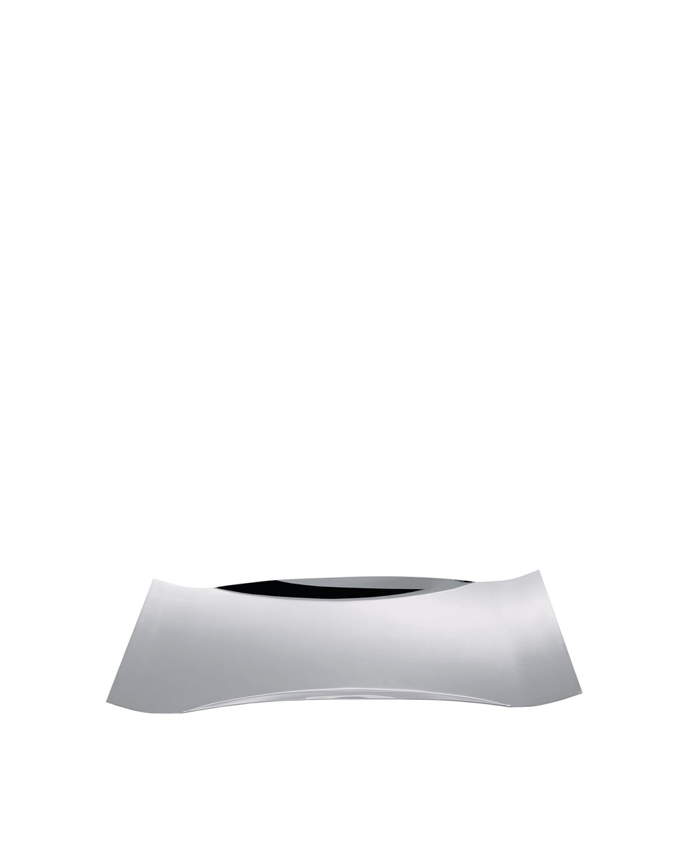 Silver metallic tray by Alessi with a sleek, curved design and black interior.
