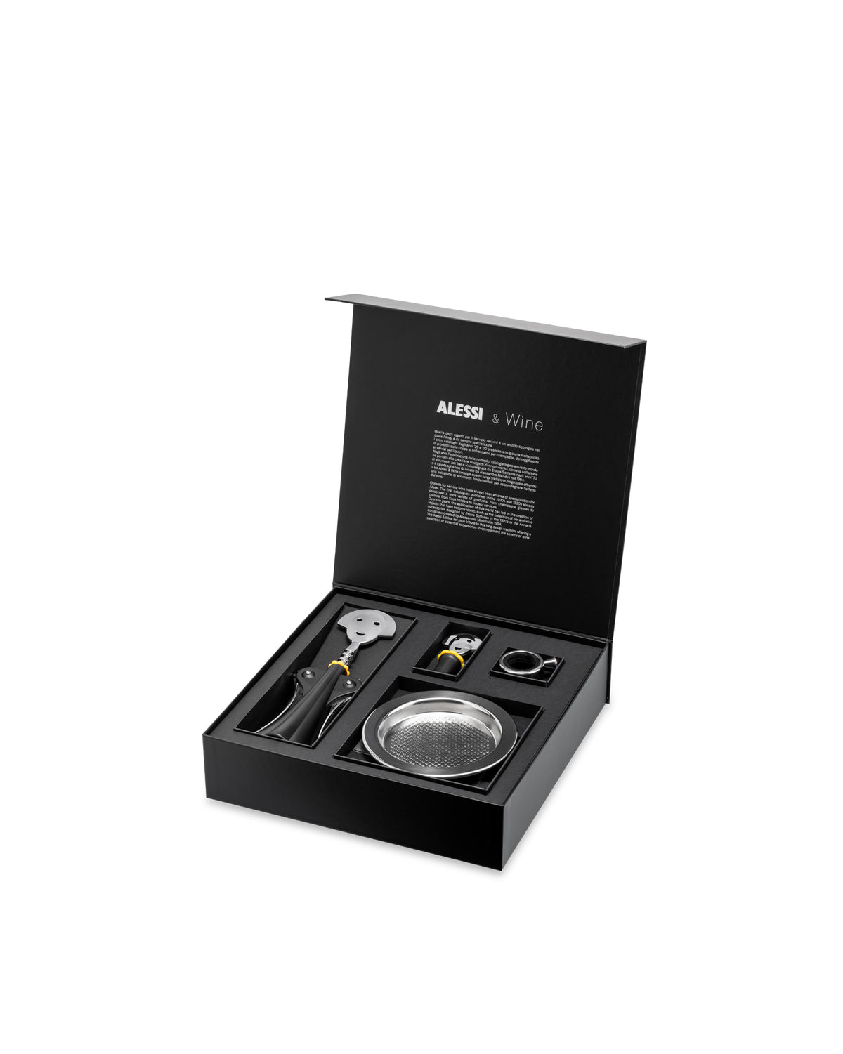 Black wine accessories set by Alessi in an open box, displaying silver tools with yellow accents.