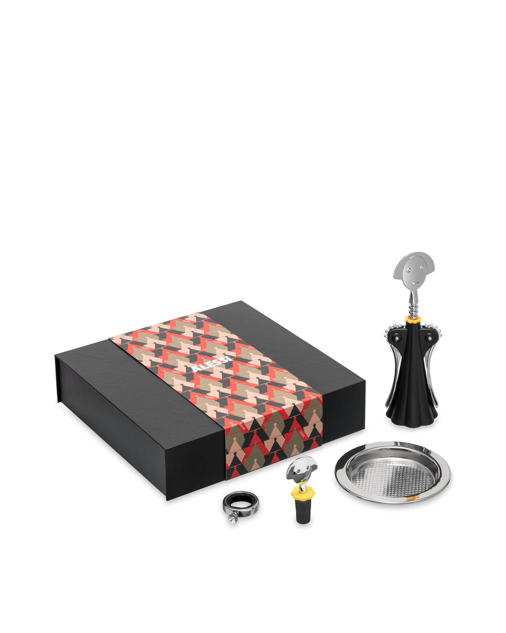 Black wine accessories gift set by Alessi, with a geometric patterned band, including a corkscrew, stopper, drip ring, and tray.