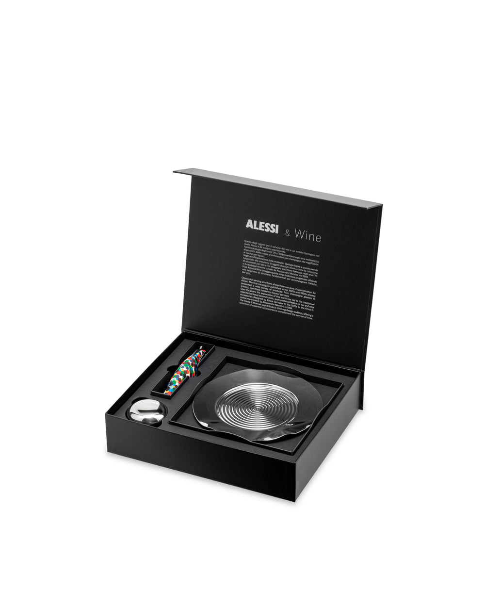 Wine mixology set in an open black presentation box by Alessi, with a colorful polka-dot corkscrew, silver pourer, and a spiral-patterned coaster.